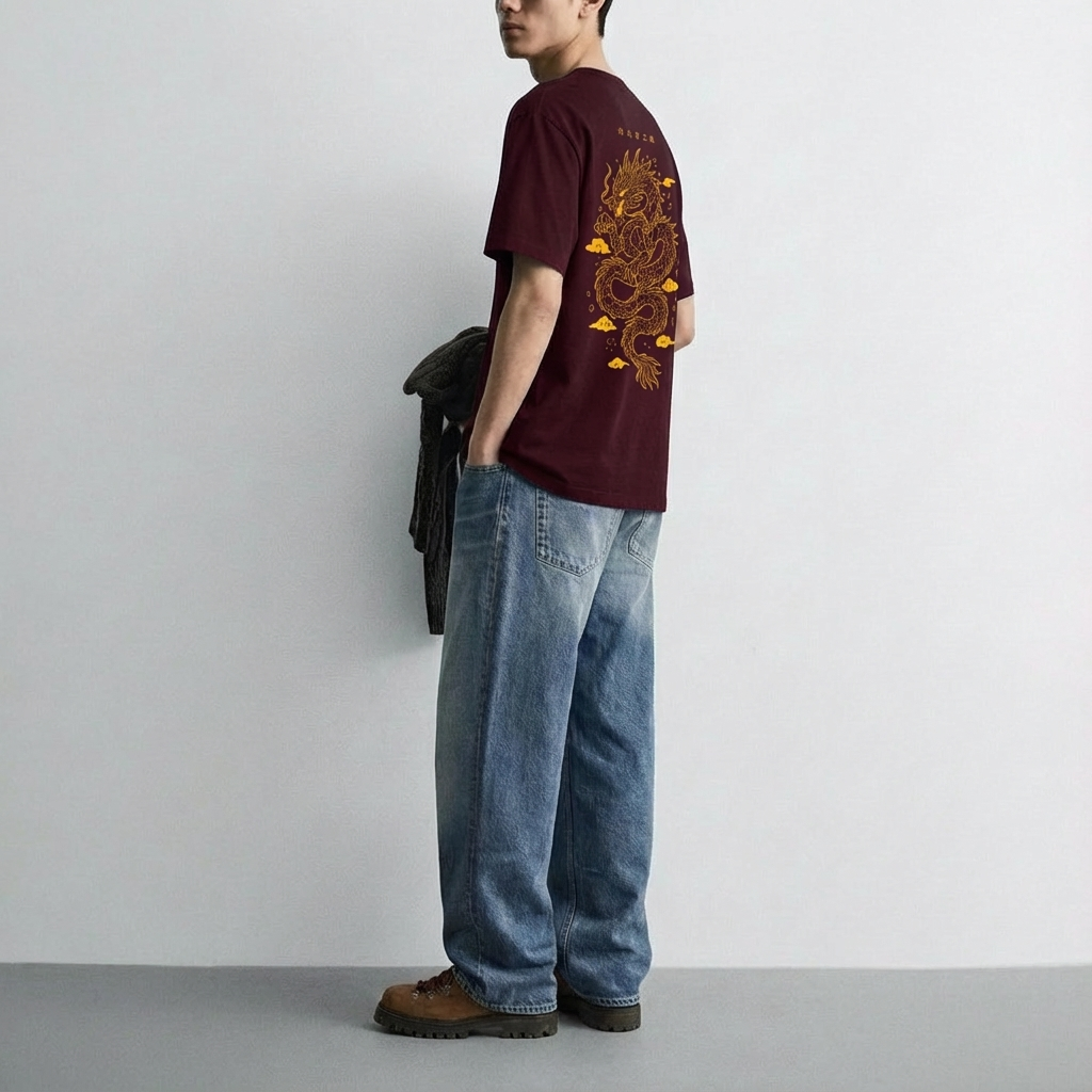 persona de perfil con la camiseta granate rock dradon de no tape no fun